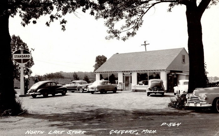 Gregory Michigannorth Lake Grocery Storestandard Crown Gas Pumpcars1949 Rppc